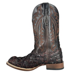 Bota Texana Masculina Goyazes Bico Quadrado Podium Couro Pirarucu Café Cano Bordado Ref:253004-PP-08