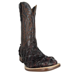 Bota Texana Masculina Goyazes Bico Quadrado Podium Couro Pirarucu Café Cano Bordado Ref:253004-PP-08