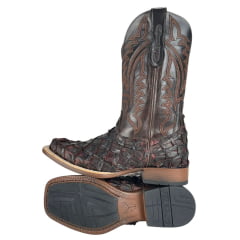 Bota Texana Masculina Goyazes Bico Quadrado Podium Couro Pirarucu Café Cano Bordado Ref:253004-PP-08