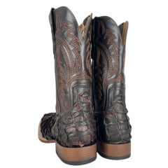Bota Texana Masculina Goyazes Bico Quadrado Podium Couro Pirarucu Café Cano Bordado Ref:253004-PP-08