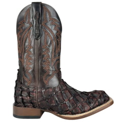 Bota Texana Masculina Goyazes Bico Quadrado Podium Couro Pirarucu Café Cano Bordado Ref:253004-PP-08