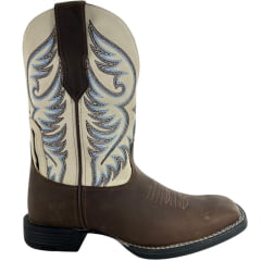 Bota Texana Masculina Goyazes Bico Quadrado Power Couro Dallas Tabaco/Off White Cano Bordado Ref: 253001-CF-04