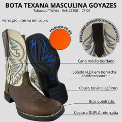 Bota Texana Masculina Goyazes Bico Quadrado Power Couro Dallas Tabaco/Off White Cano Bordado Ref: 253001-CF-04