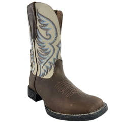 Bota Texana Masculina Goyazes Bico Quadrado Power Couro Dallas Tabaco/Off White Cano Bordado Ref: 253001-CF-04