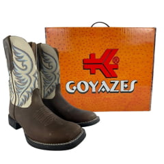 Bota Texana Masculina Goyazes Bico Quadrado Power Couro Dallas Tabaco/Off White Cano Bordado Ref: 253001-CF-04