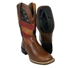 Bota Texana Masculina Goyazes Bico Quadrado Power Pull Up Brown/Couro Austin Azul Ref.226502-CP