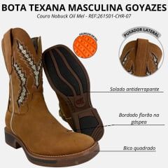 Bota Texana Masculina Goyazes Bico Quadrado Waterproof Rebar Couro Nobuck Oil Mel Solado Jump REF:261501-CHR-07