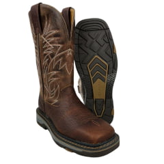 Bota Texana Masculina Goyazes Bico Quadrado Work Couro Cabeça De Boi Tan/Atlanta Caramel Com Bordado REF: 247404 - CBK