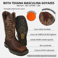 Bota Texana Masculina Goyazes Bico Quadrado Work Couro Cabeça De Boi Tan/Atlanta Caramel Com Bordado REF: 247404 - CBK