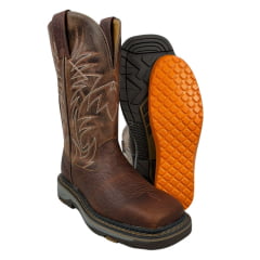 Bota Texana Masculina Goyazes Bico Quadrado Work Couro Cabeça De Boi Tan/Atlanta Caramel Com Bordado REF: 247404 - CBK