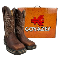 Bota Texana Masculina Goyazes Bico Quadrado Work Couro Cabeça De Boi Tan/Atlanta Caramel Com Bordado REF: 247404 - CBK