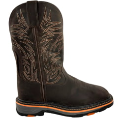 Bota Texana Masculina Goyazes Bico Quadrado Work Couro Dallas Café Com Frizo Laranja Bordado REF:247404-CK-05