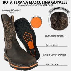 Bota Texana Masculina Goyazes Bico Quadrado Work Couro Dallas Café Com Frizo Laranja Bordado REF:247404-CK-05