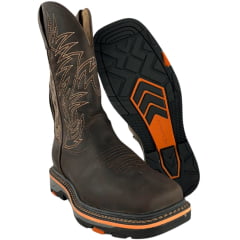 Bota Texana Masculina Goyazes Bico Quadrado Work Couro Dallas Café Com Frizo Laranja Bordado REF:247404-CK-05 Bota Texana Masculina Goyazes Bico Quadrado Work Couro Dallas Café Com Frizo Laranja Bordado REF:247404-CK-05