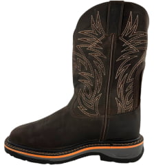 Bota Texana Masculina Goyazes Bico Quadrado Work Couro Dallas Café Com Frizo Laranja Bordado REF:247404-CK-05