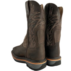 Bota Texana Masculina Goyazes Bico Quadrado Work Couro Dallas Café Com Frizo Laranja Bordado REF:247404-CK-05