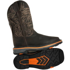 Bota Texana Masculina Goyazes Bico Quadrado Work Couro Dallas Café Com Frizo Laranja Bordado REF:247404-CK-05