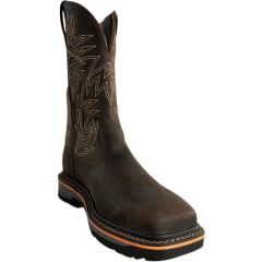 Bota Texana Masculina Goyazes Bico Quadrado Work Couro Dallas Café Com Frizo Laranja Bordado REF:247404-CK-05
