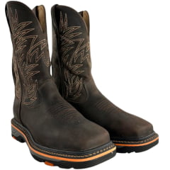 Bota Texana Masculina Goyazes Bico Quadrado Work Couro Dallas Café Com Frizo Laranja Bordado REF:247404-CK-05