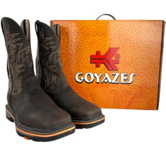 Bota Texana Masculina Goyazes Bico Quadrado Work Couro Dallas Café Com Frizo Laranja Bordado REF:247404-CK-05