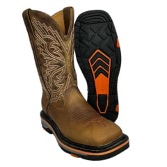 Bota Texana Masculina Goyazes Bico Quadrado Work Couro Dallas Furta Cor Com Borda Laranja Ref. 247403-CK