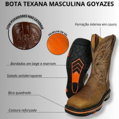 Bota Texana Masculina Goyazes Bico Quadrado Work Couro Dallas Furta Cor Com Borda Laranja Ref. 247403-CK