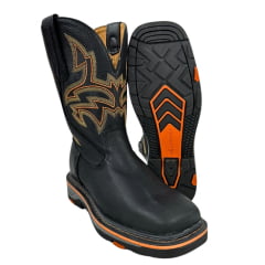 Bota Texana Masculina Goyazes Bico Quadrado Work Couro Pit Stop Preto Com Bordado Laranja Ref.207406-CK