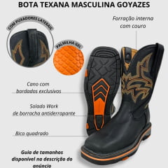 Bota Texana Masculina Goyazes Bico Quadrado Work Couro Pit Stop Preto Com Bordado Laranja Ref.207406-CK