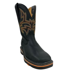 Bota Texana Masculina Goyazes Bico Quadrado Work Couro Pit Stop Preto Com Bordado Laranja Ref.207406-CK