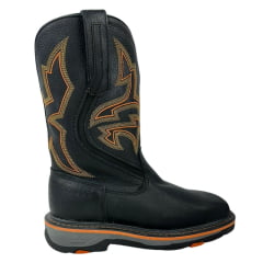 Bota Texana Masculina Goyazes Bico Quadrado Work Couro Pit Stop Preto Com Bordado Laranja Ref.207406-CK