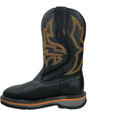 Bota Texana Masculina Goyazes Bico Quadrado Work Couro Pit Stop Preto Com Bordado Laranja Ref.207406-CK