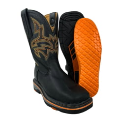 Bota Texana Masculina Goyazes Bico Quadrado Work Couro Pit Stop Preto Com Bordado Laranja Ref.207406-CK