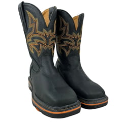 Bota Texana Masculina Goyazes Bico Quadrado Work Couro Pit Stop Preto Com Bordado Laranja Ref.207406-CK