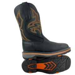 Bota Texana Masculina Goyazes Bico Quadrado Work Couro Pit Stop Preto Com Bordado Laranja Ref.207406-CK