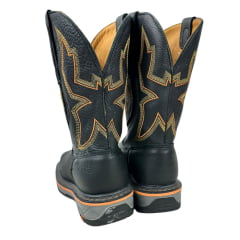 Bota Texana Masculina Goyazes Bico Quadrado Work Couro Pit Stop Preto Com Bordado Laranja Ref.207406-CK