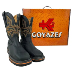 Bota Texana Masculina Goyazes Bico Quadrado Work Couro Pit Stop Preto Com Bordado Laranja Ref.207406-CK