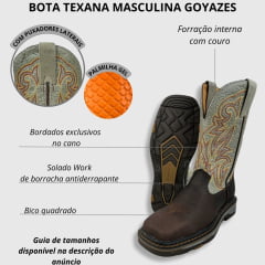 Bota Texana Masculina Goyazes Bico Quadrado Work Dallas Café Couro Flex Champ Ref.207401-CK