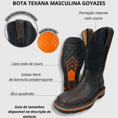 Bota Texana Masculina Goyazes Bico Quadrado Work Dallas Café Couro Pit Stop Preto Ref.207402-CK