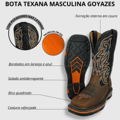 Bota Texana Masculina Goyazes Bico Quadrado Work Dallas Tabaco Couro Mustang Preto Ref.207401-CK