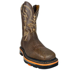 Bota Texana Masculina Goyazes Bico Quadrado Work Laranja Couro Cabeça De Boi Mustang Cano Bordado Creme Ref:267403-CBK