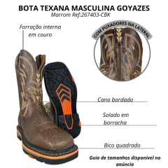 Bota Texana Masculina Goyazes Bico Quadrado Work Laranja Couro Cabeça De Boi Mustang Cano Bordado Creme Ref:267403-CBK