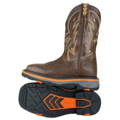Bota Texana Masculina Goyazes Bico Quadrado Work Laranja Couro Cabeça De Boi Mustang Cano Bordado Creme Ref:267403-CBK