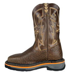 Bota Texana Masculina Goyazes Bico Quadrado Work Laranja Couro Cabeça De Boi Mustang Cano Bordado Creme Ref:267403-CBK