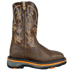 Bota Texana Masculina Goyazes Bico Quadrado Work Laranja Couro Cabeça De Boi Mustang Cano Bordado Creme Ref:267403-CBK