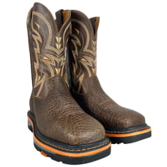 Bota Texana Masculina Goyazes Bico Quadrado Work Laranja Couro Cabeça De Boi Mustang Cano Bordado Creme Ref:267403-CBK