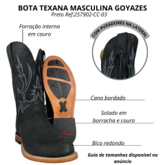 Bota Texana Masculina Goyazes Bico Redondo Couro Turn Black Cano Bordado Cinza Ref:257902-CC-03