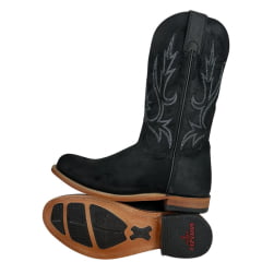 Bota Texana Masculina Goyazes Bico Redondo Couro Turn Black Cano Bordado Cinza Ref:257902-CC-03