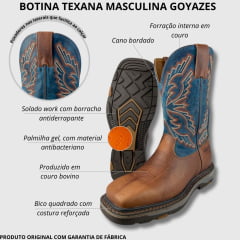Bota Texana Masculina Goyazes Couro Bison Turquesa Bico Quadrado Work - Ref.247403-CK