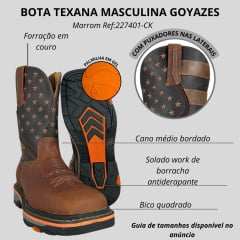 Bota Texana Masculina Goyazes Couro Dallas Terra/Dallas Café Bico Quadrado Work Ref:227401-CK