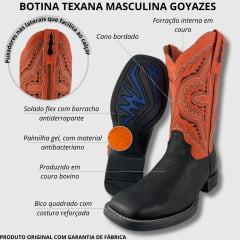 Bota Texana Masculina Goyazes Couro Pit Stop Preto Orange Bico Quadrado Flex Preto - Ref. 241504-CF